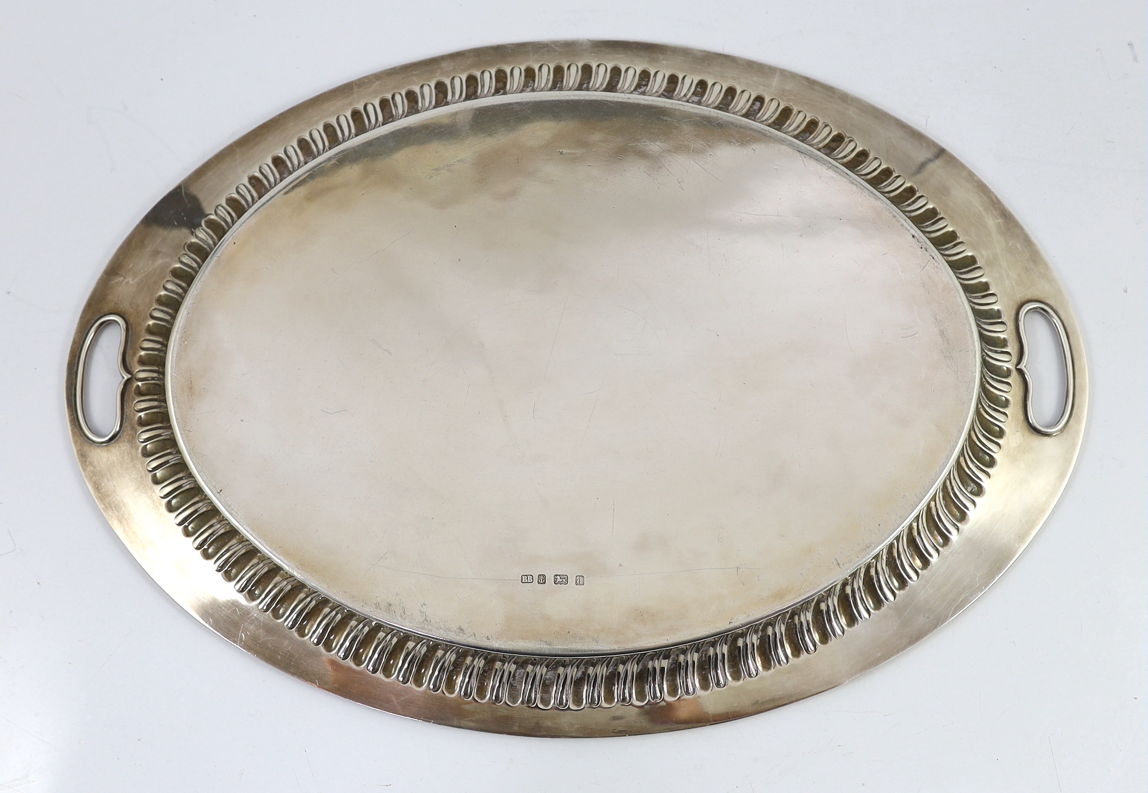 An Edwardian silver oval tray tea tray, by Barker Brothers